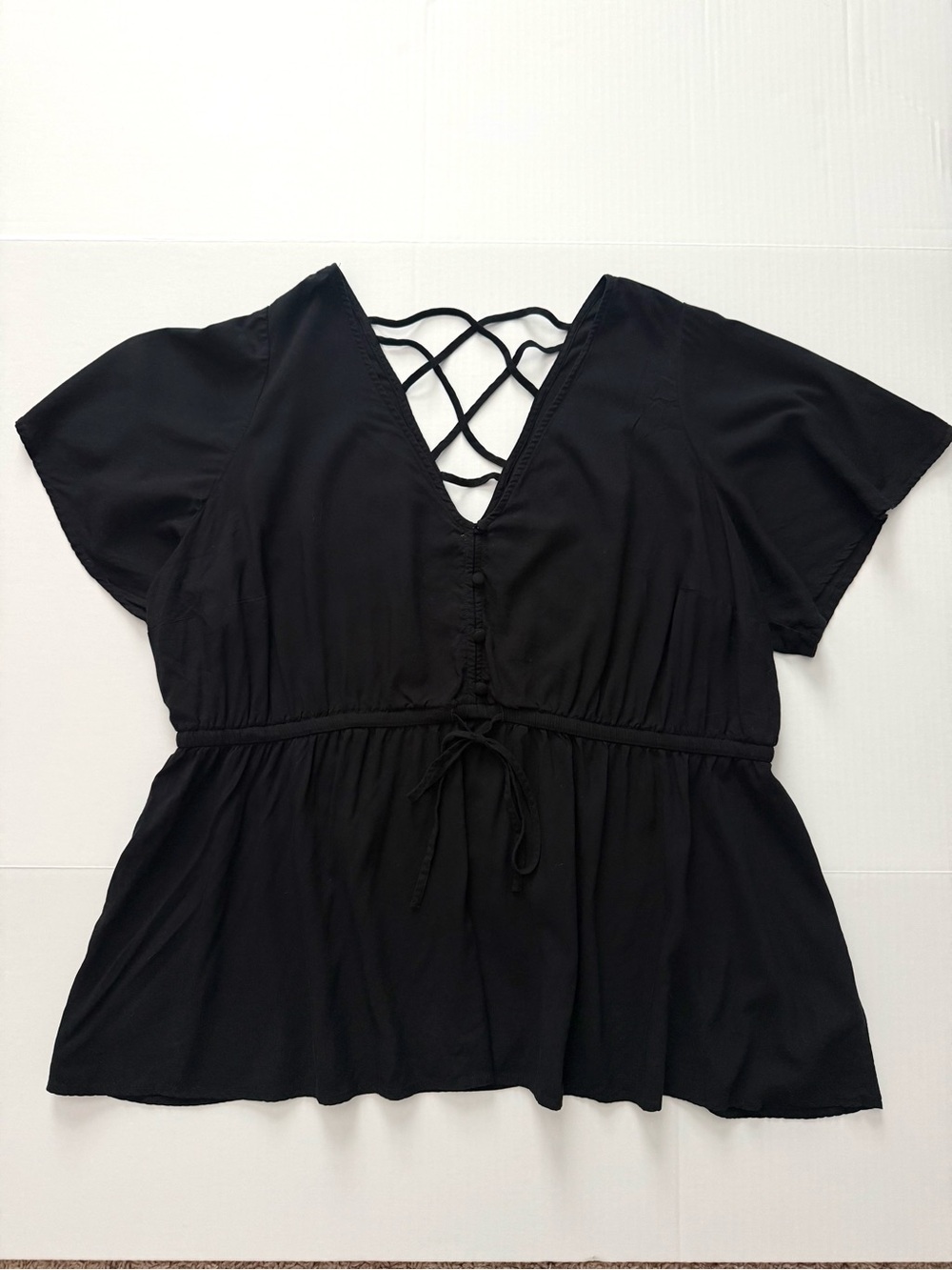 Torrid Black Strappy Crisscross V-Neck Flutter Sleeve Peplum Babydoll Top 2X